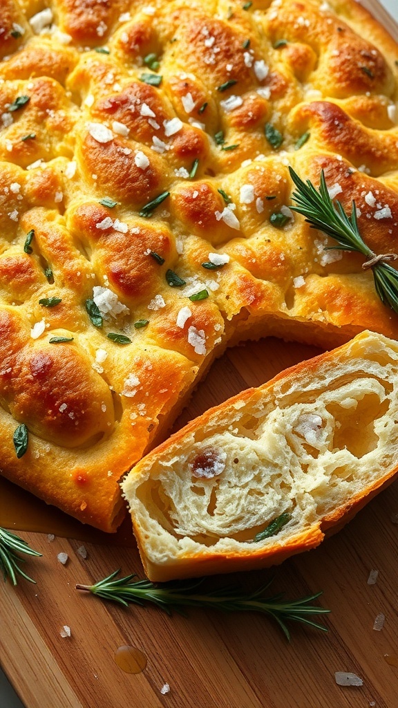 Golden-brown focaccia bread topped with herbs and sea salt on a wooden board.